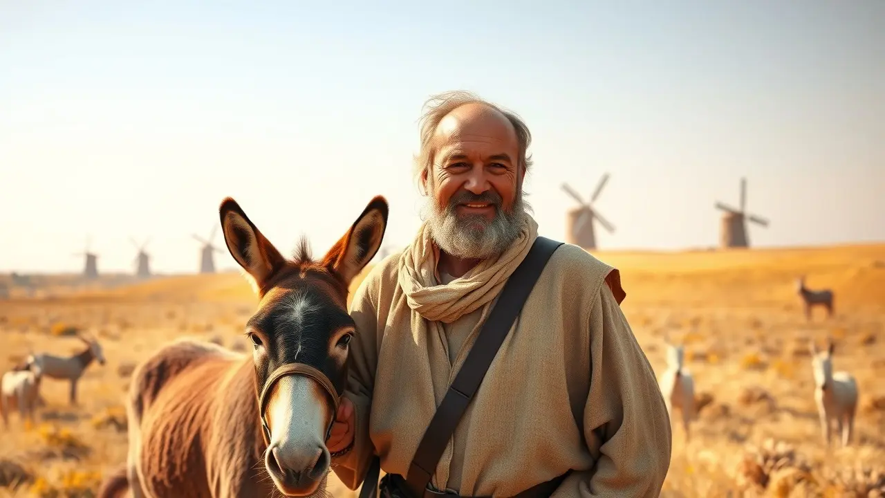 Homem humilde e leal, como Sancho Pança, em campo com moinhos.