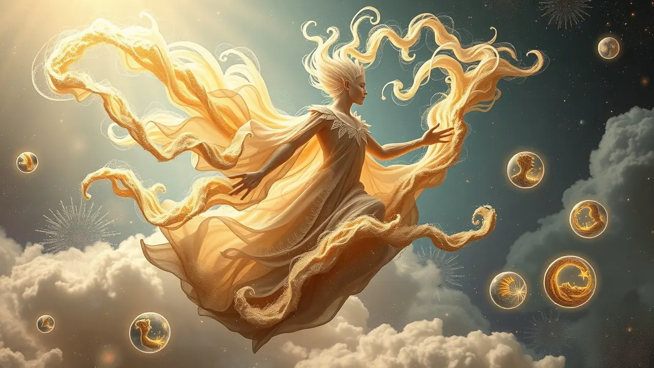 Sandman etéreo flutuando em galáxia de sonhos.