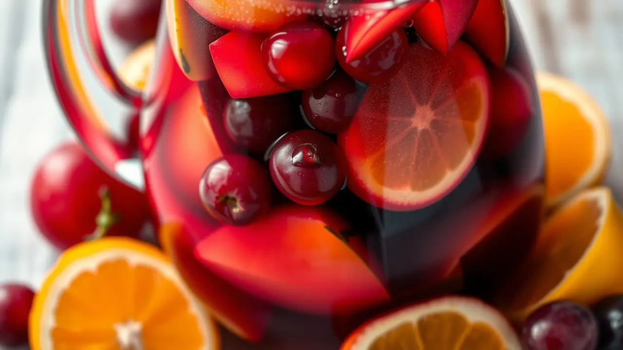 Jarra de sangria com frutas coloridas.
