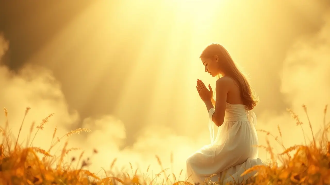 Pessoa orando em luz dourada, simbolizando santificação