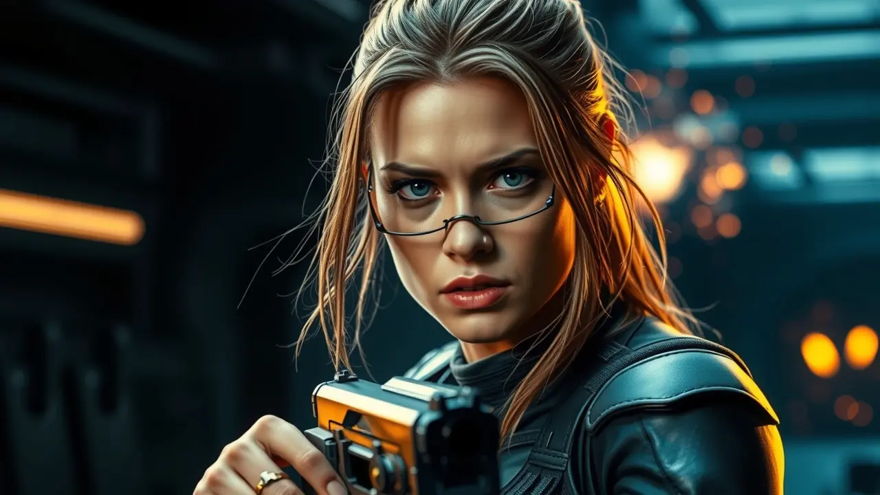 Sarah Connor com expressão determinada.