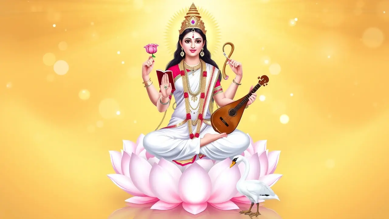 Saraswati, deusa da sabedoria, em um lótus branco.