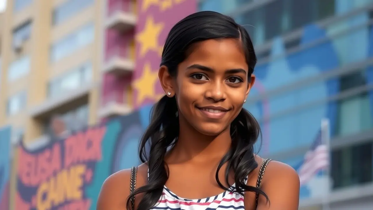 Sasha Obama confiante em ambiente urbano.