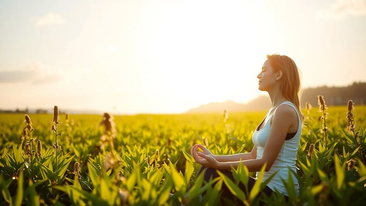 Pessoa meditando em campo verde, simbolizando saúde e bem-estar.
