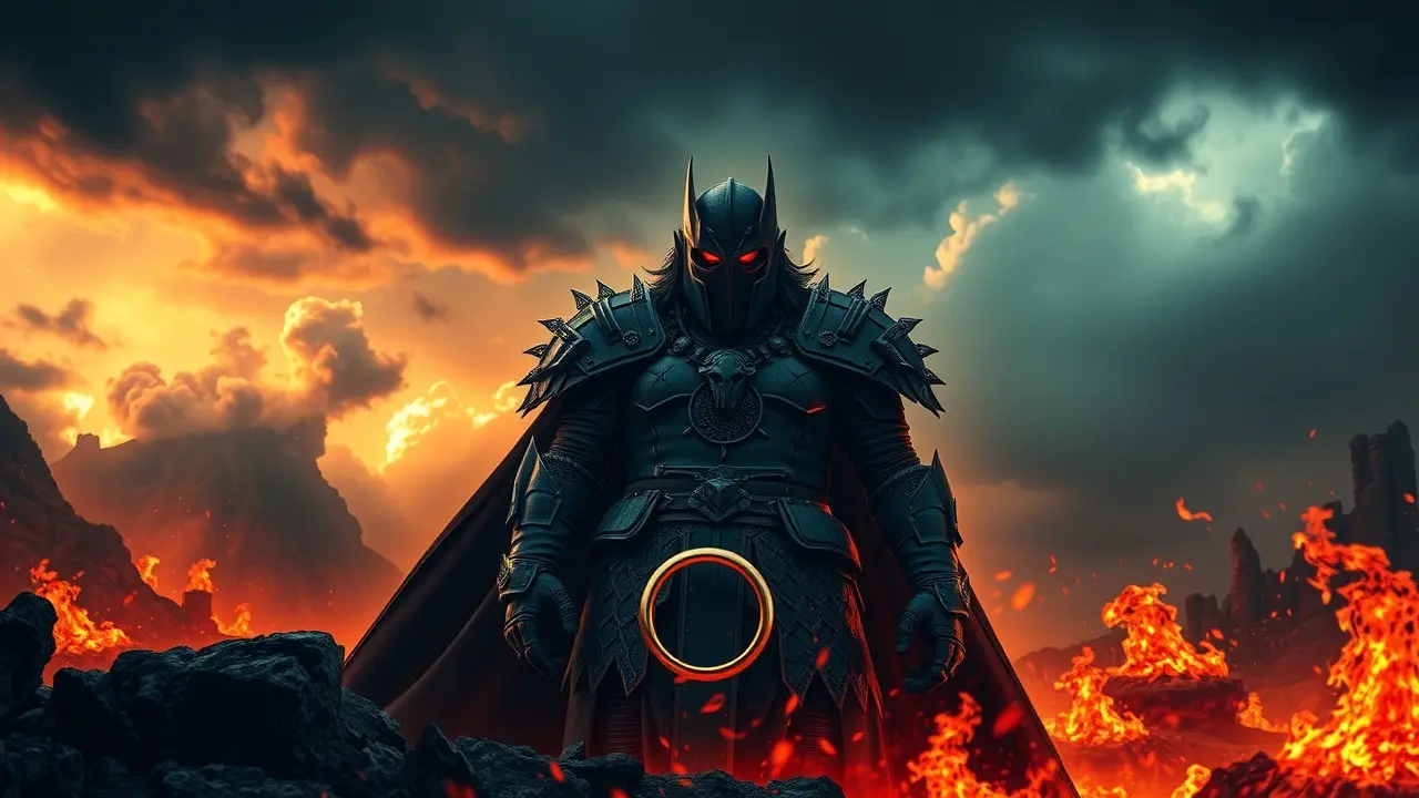 Sonhar com Sauron: Desvende os Significados Ocultos Sauron em armadura escura, com o Um Anel.