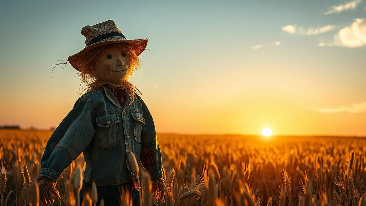 Espantalho em campo de trigo ao entardecer