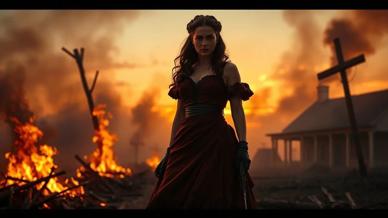 Significado de Sonhar com Scarlett O’Hara: Uma Análise Profunda Scarlett O'Hara em meio a um incêndio, com expressão de determinação.