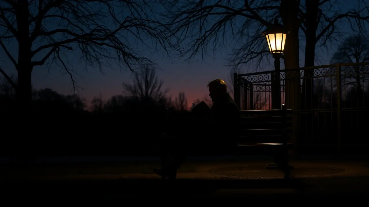 Pessoa lendo livro em banco de praça ao entardecer