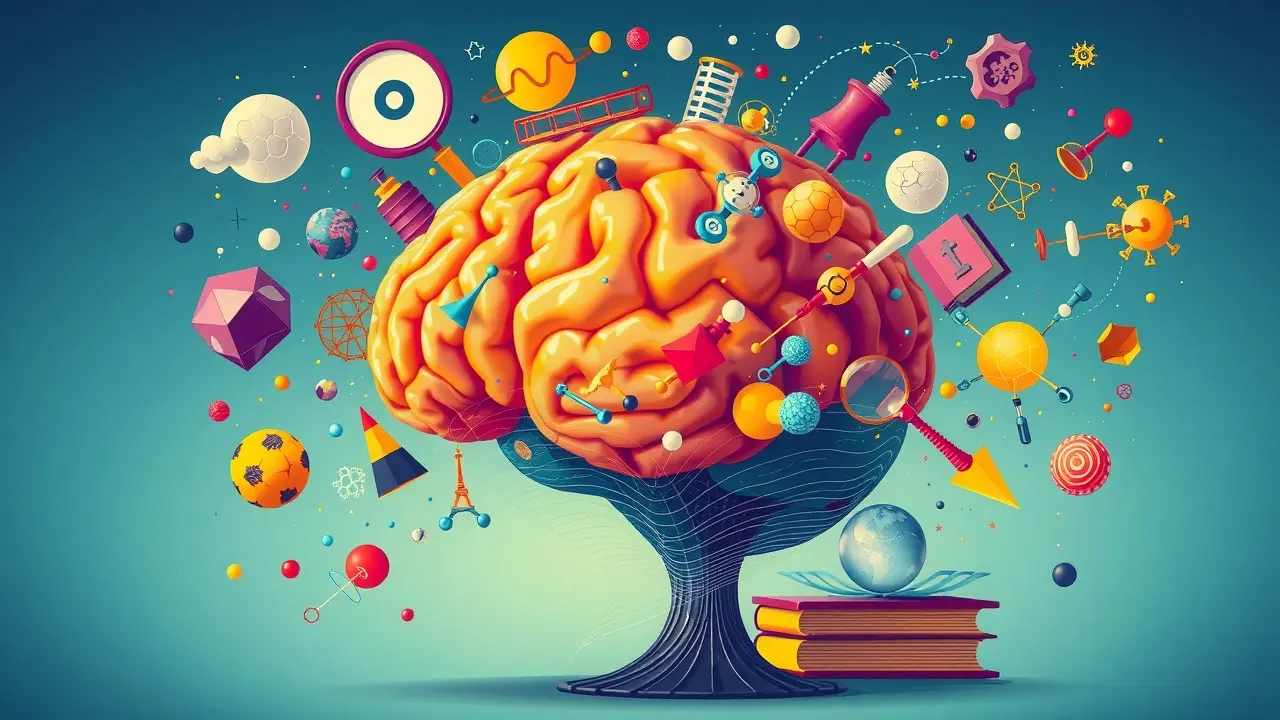 Sonhar com Scientia: Desvende os Significados e Interpretações Cérebro em expansão com símbolos científicos representando conhecimento.