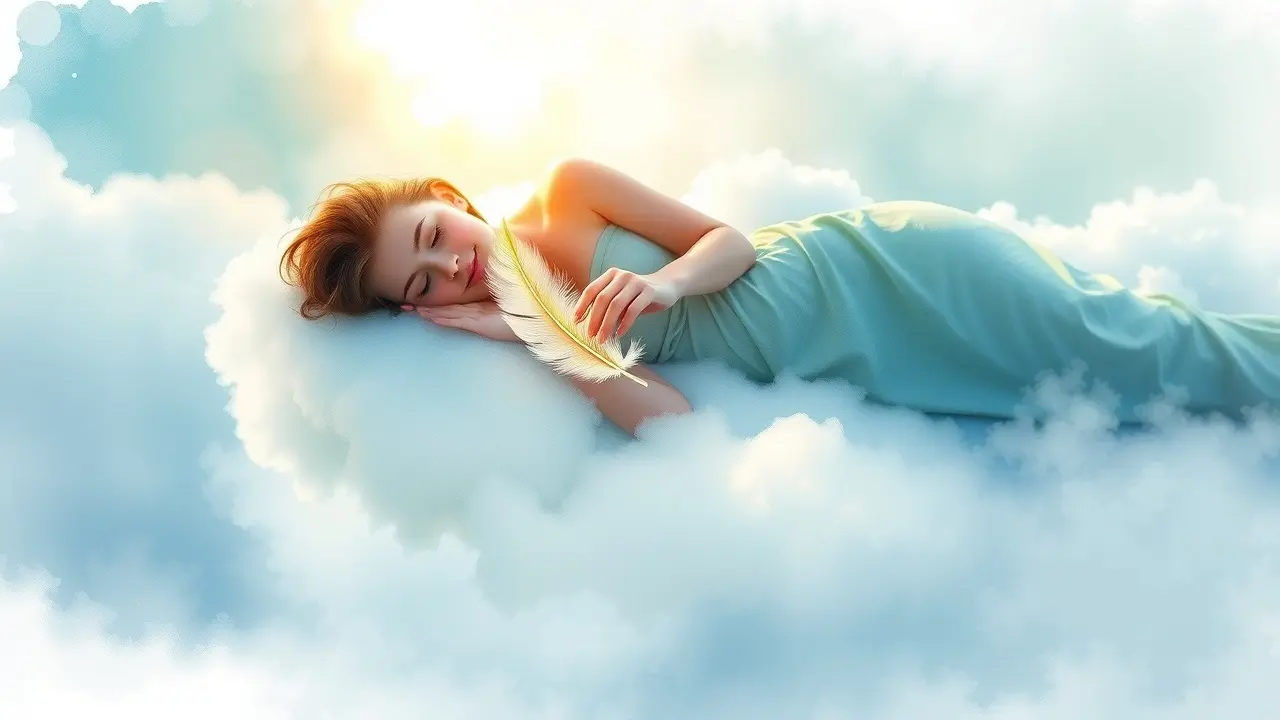 Sonhar com Sedativo: Descubra o Significado e as Interpretações Pessoa descansando em nuvem, segurando pena luminosa.