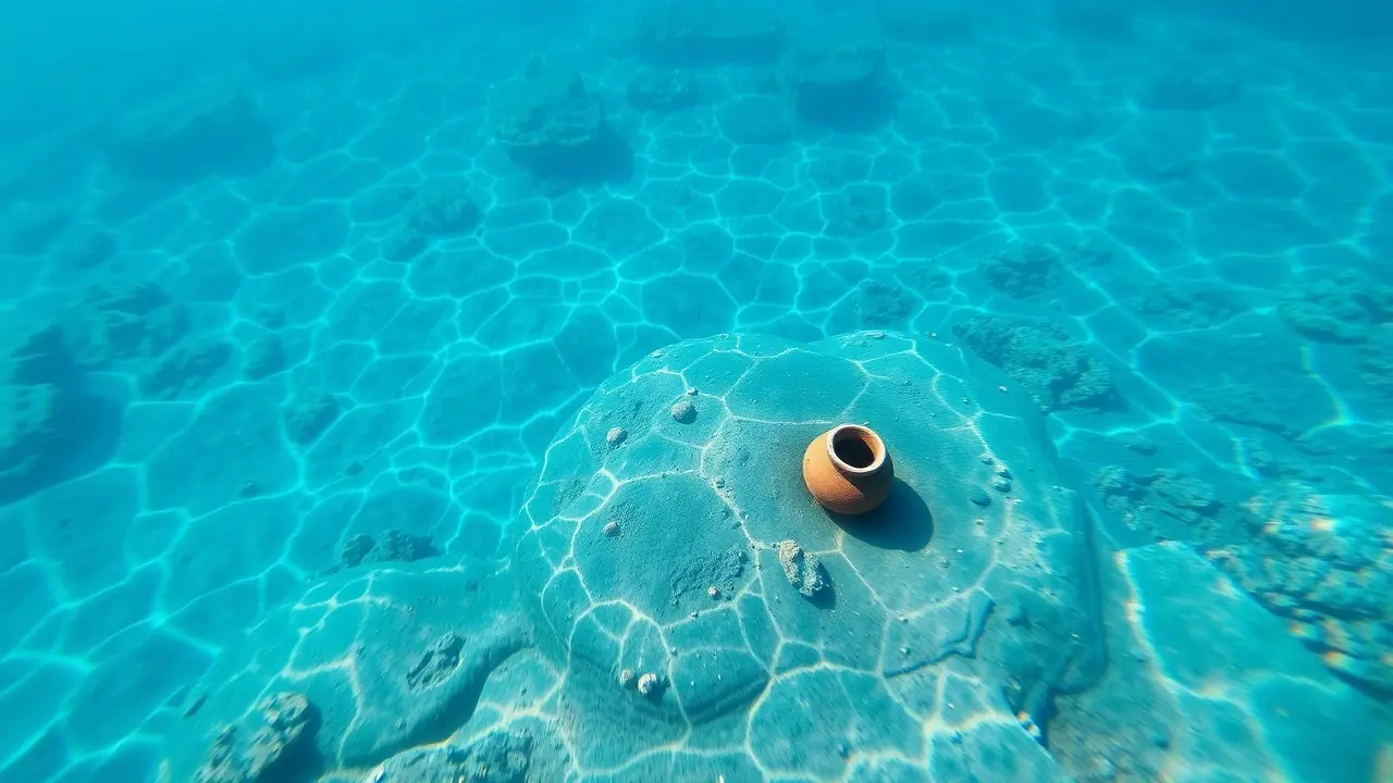 Fundo do mar com camadas de sedimento e artefatos antigos