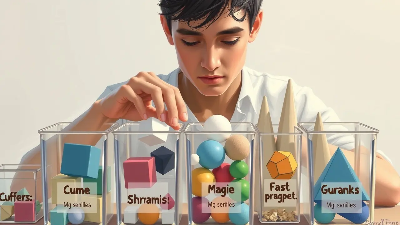 Pessoa organizando formas geométricas em recipientes rotulados.