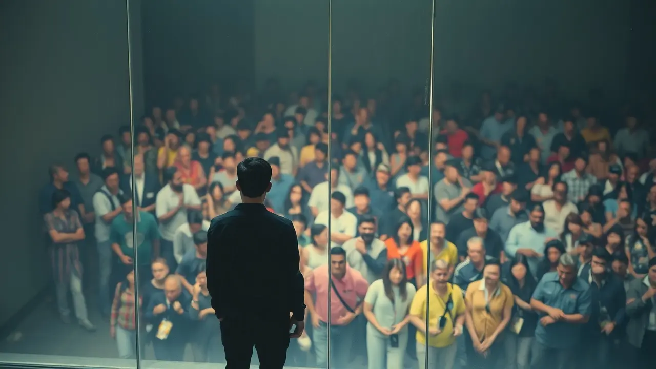 Pessoa isolada atrás de uma barreira de vidro, multidão vibrante do outro lado.