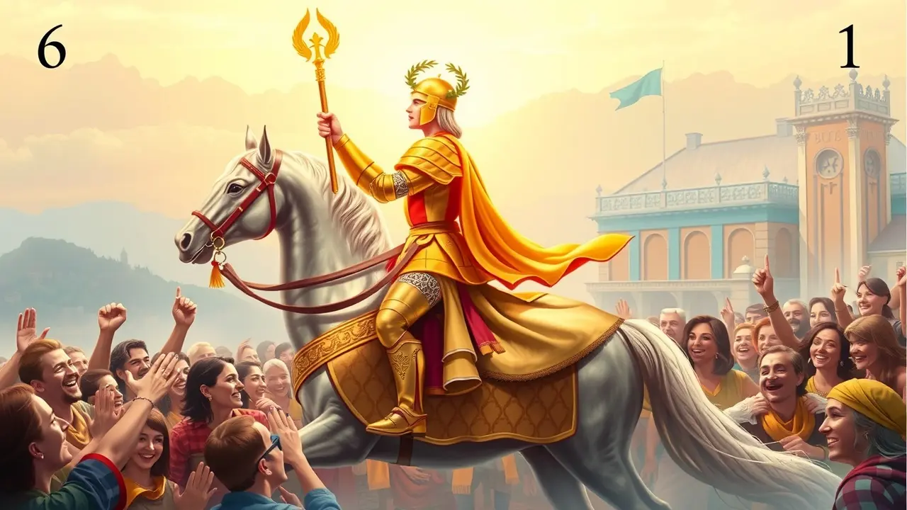 Sonhar com Seis de Paus: Descubra o Significado e as Mensagens Ocultas Cavaleiro triunfante segurando um bastão com coroa de louros