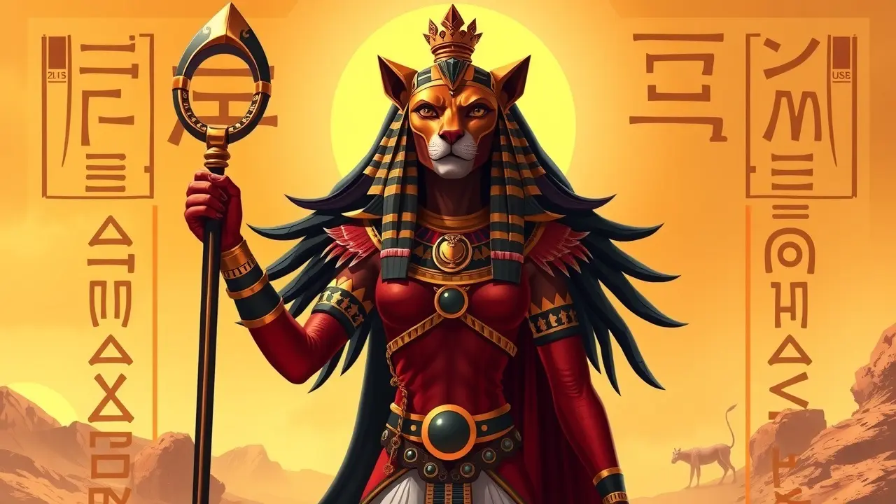 Ilustração da deusa Sekhmet com cabeça de leoa.