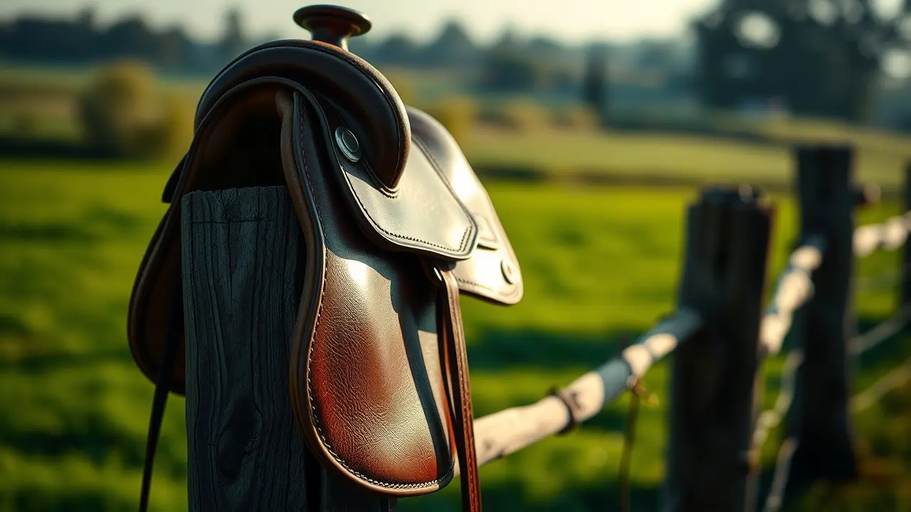 Sonhar com Sela: Desvende os Significados e Interpretações! Sela de couro em ambiente rural, representando sonhos e simbolismos.