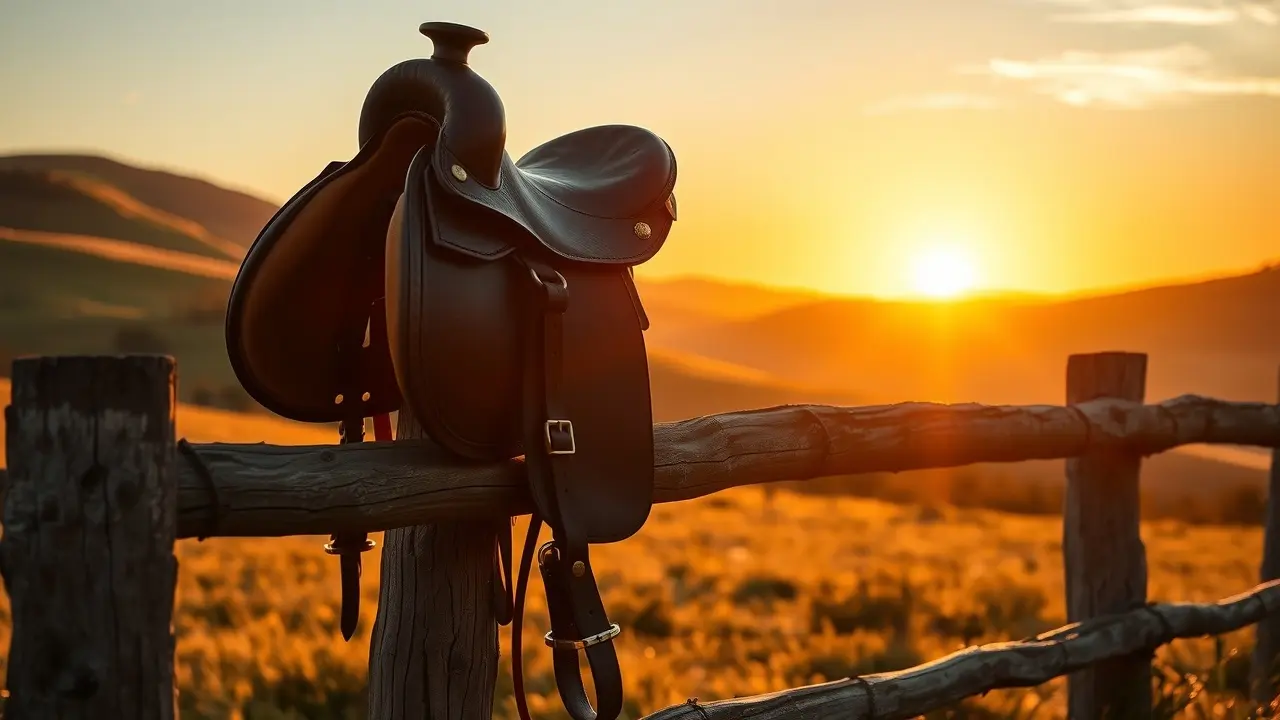 Sela de couro sobre cerca de madeira ao pôr do sol.