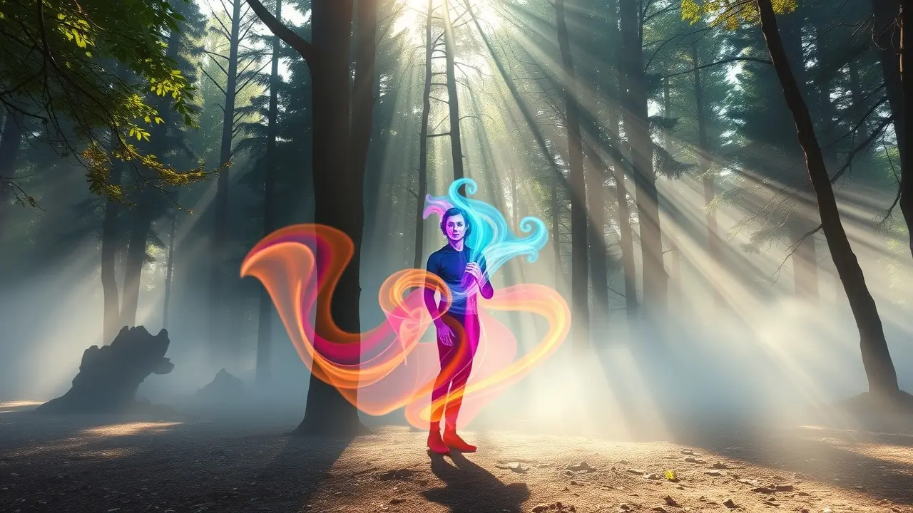 Figura etérea representando o self em clareira na floresta.