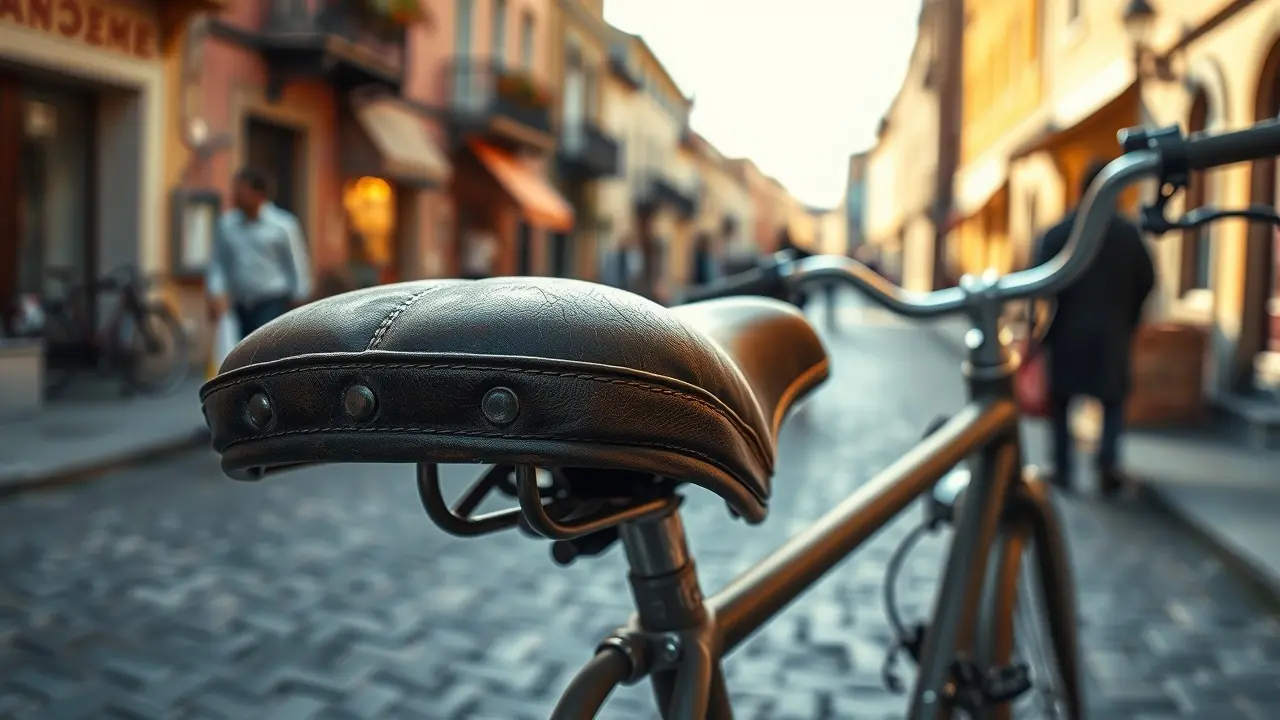 Selim de bicicleta vintage em rua de paralelepípedos