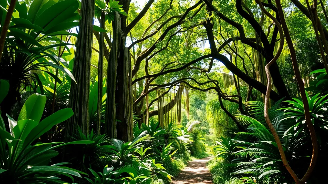 Selva exuberante com vegetação densa.