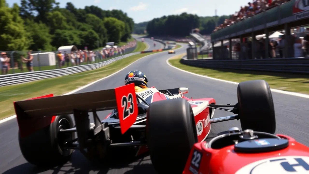 Ayrton Senna pilotando carro de F1 em alta velocidade.