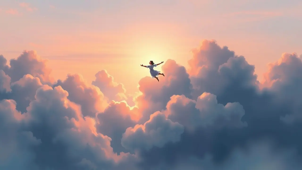 Pessoa flutuando em céu sereno, simbolizando liberdade