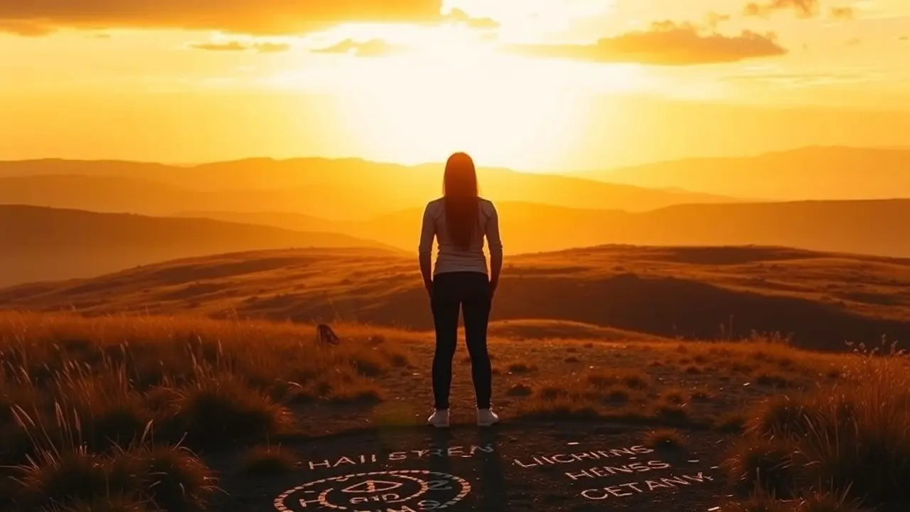 Pessoa em encruzilhada sob luz dourada, buscando sentido