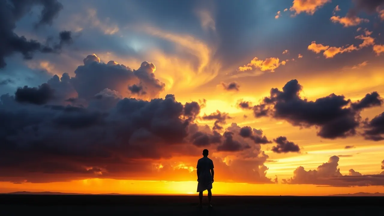 Sonhar com Separação: Descubra o Significado e o que Fazer Silhueta contemplando o pôr do sol tempestuoso, simbolizando separação e reflexão.