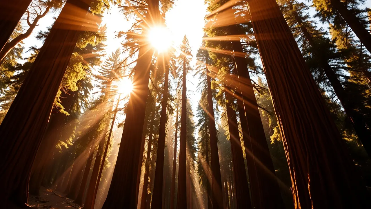 Sonhar com Sequoia: Desvende os Significados Ocultos e Simbolismos Floresta de sequoias gigantes sob a luz do sol