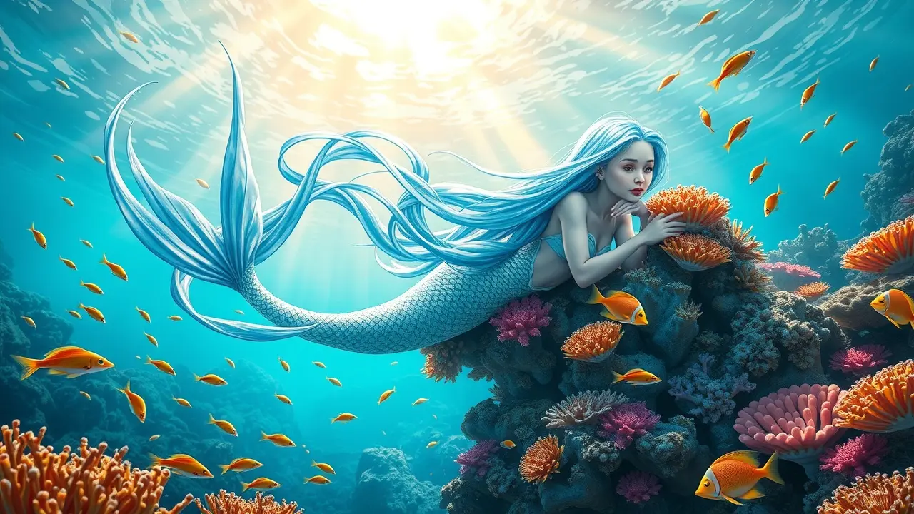 Sereia repousando em recife de coral