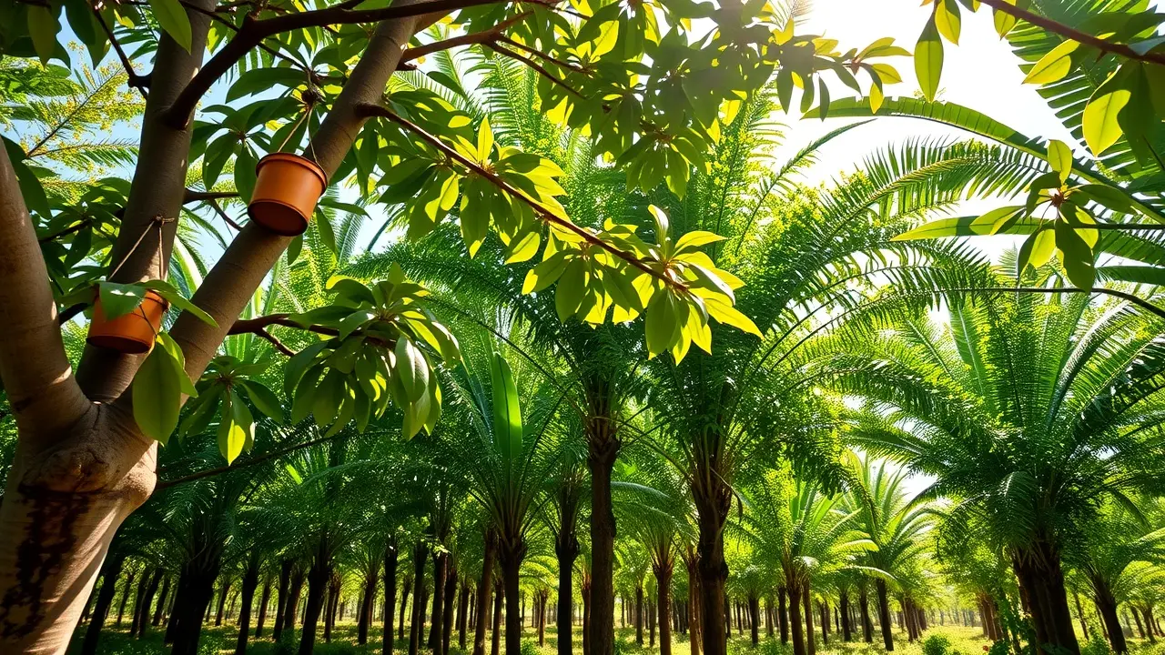 Plantação de seringueiras com baldes de látex.