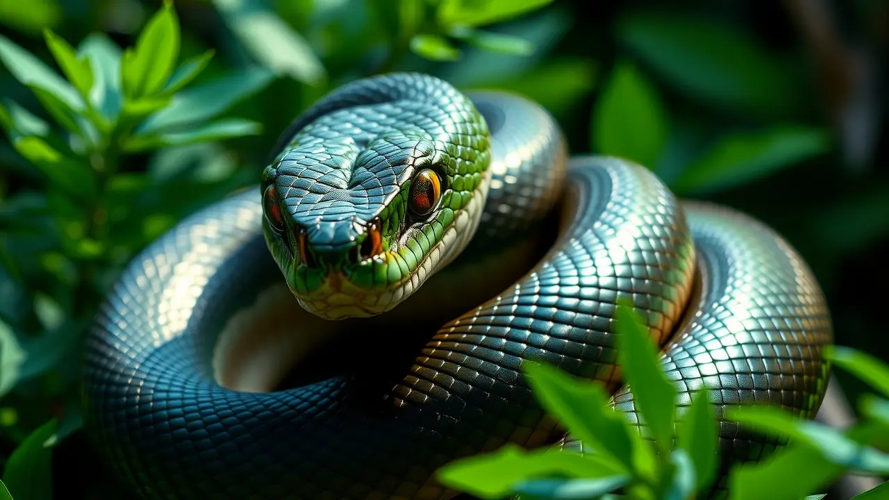 Serpente enrolada em folhagem verde.