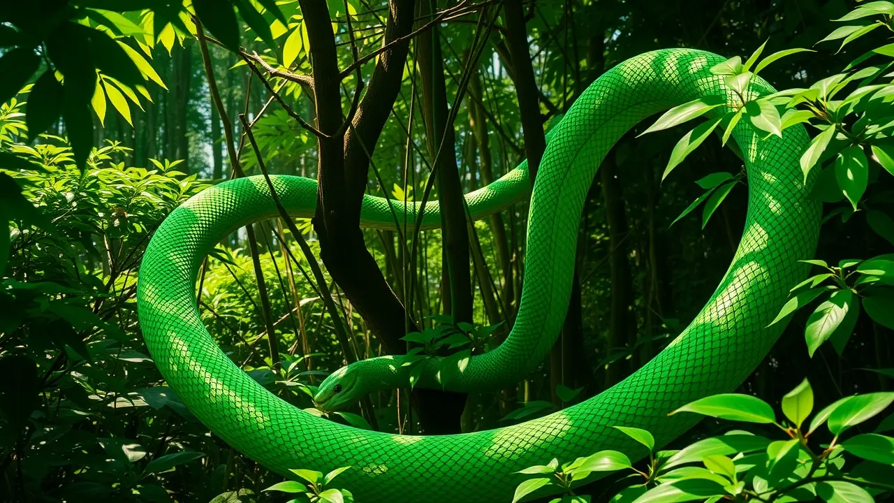 Sonhar com Serpentear: Descubra o Significado e as Interpretações Serpente verde esmeralda serpenteando na floresta.