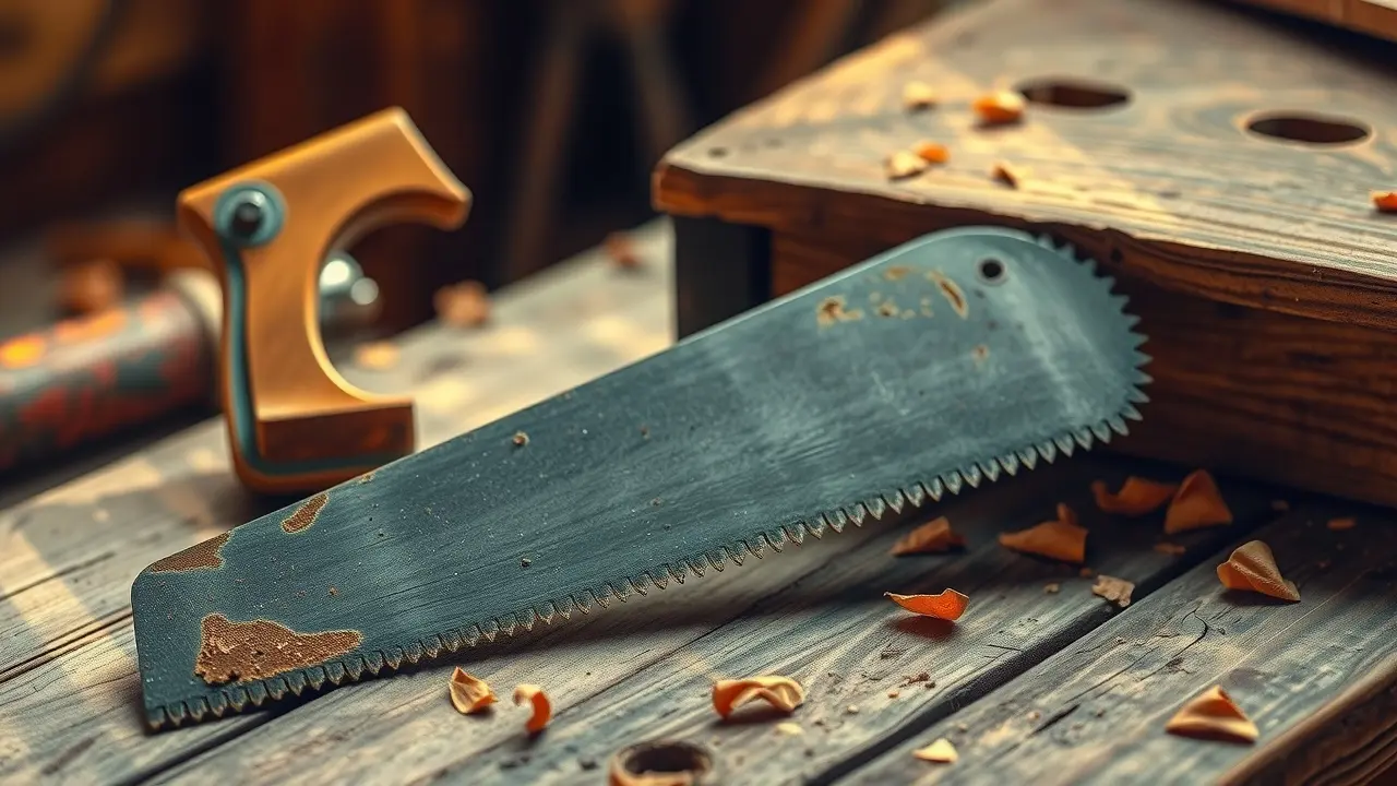 Serra antiga em bancada de madeira