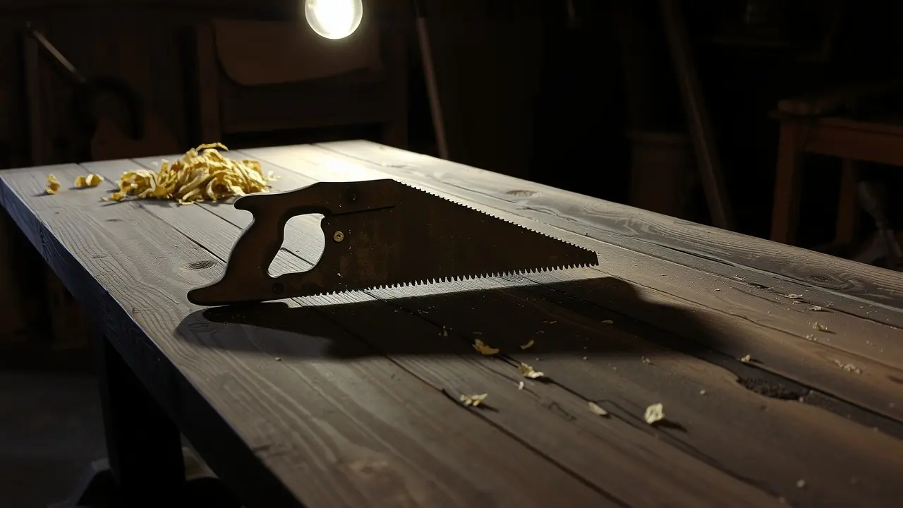 Serrote antigo em mesa de madeira rústica.