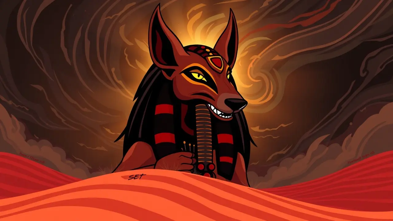 Sonhar com Set: Desvende os Mistérios por Trás Deste Arquétipo Representação do deus Set em um deserto tempestuoso.