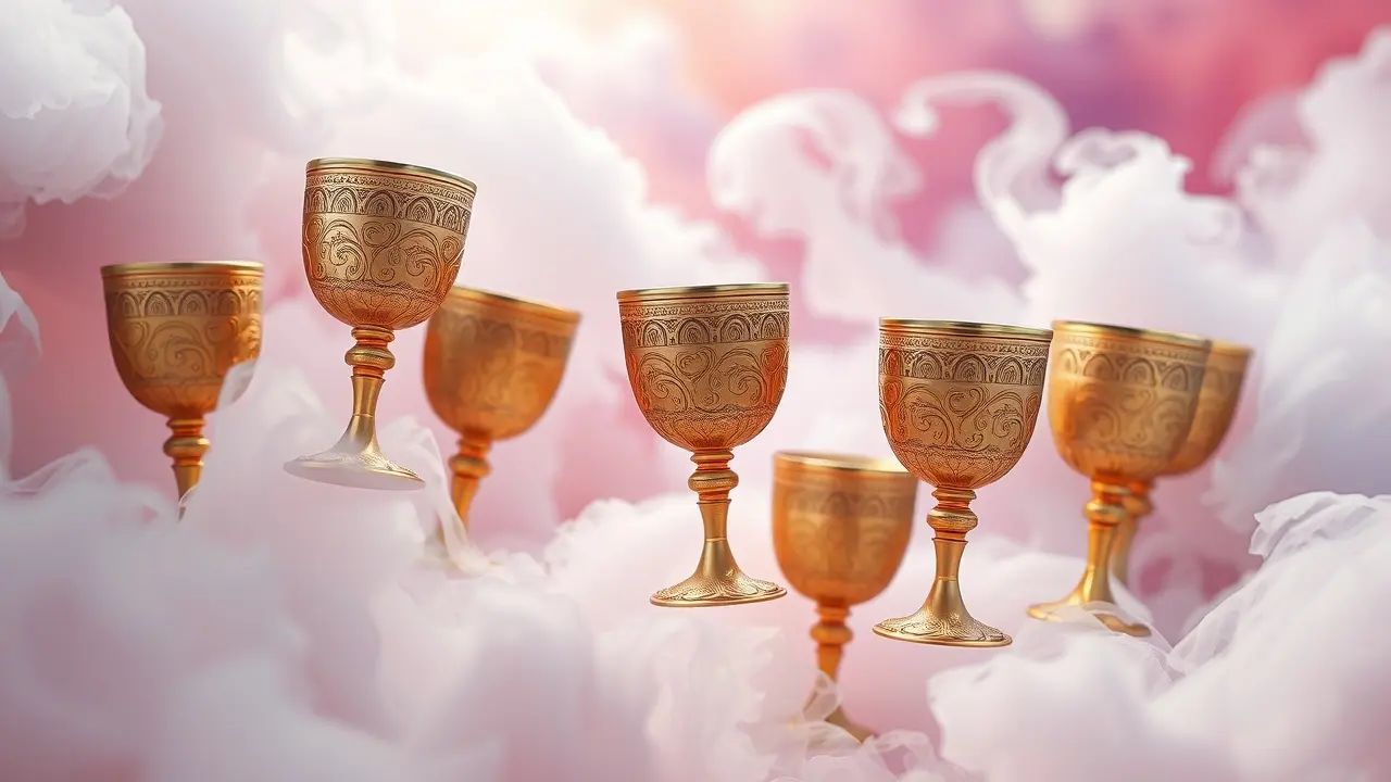 Sonhar com Sete de Copas: Descubra o Significado e as Mensagens Ocultas Sete cálices dourados flutuando em nuvens coloridas, representando sonhos e escolhas.