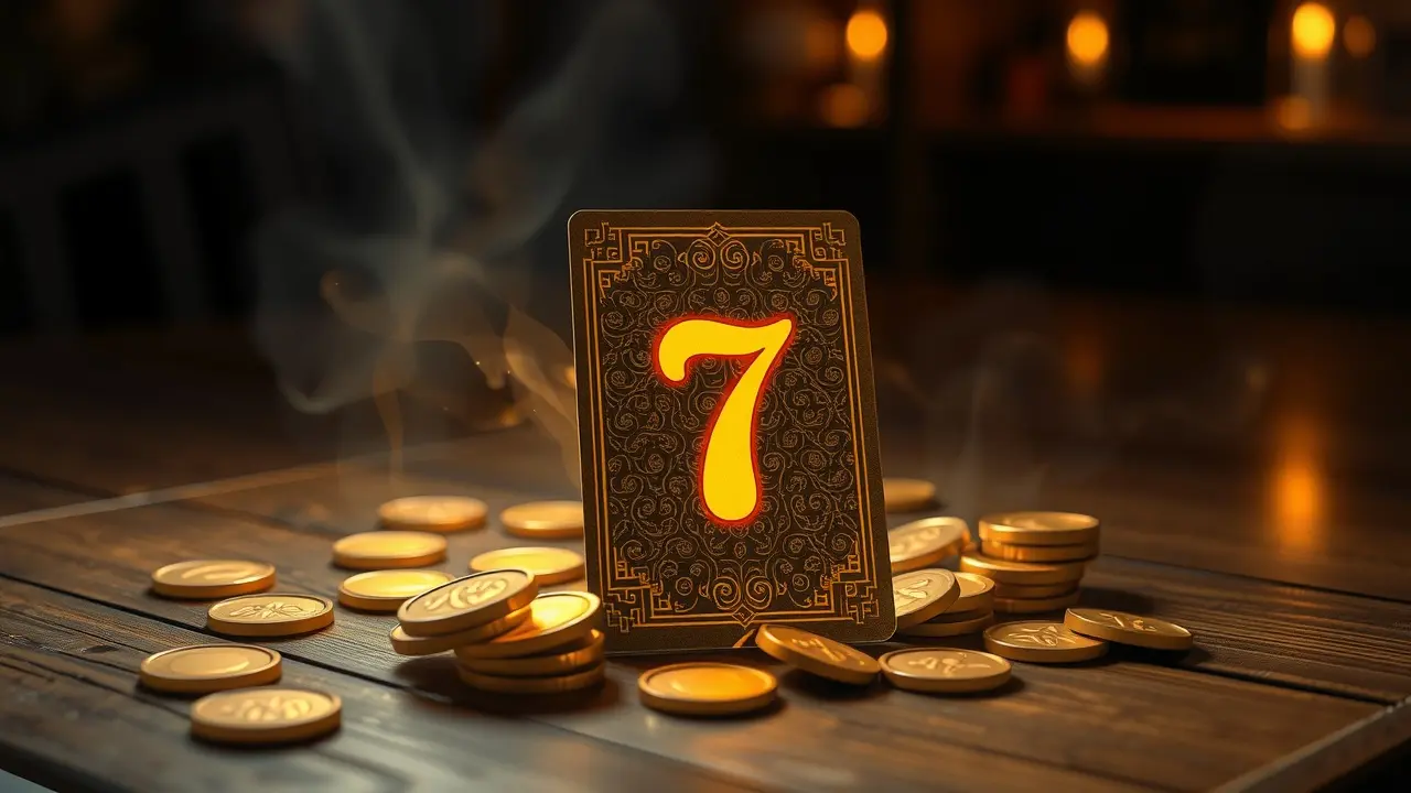Carta Sete de Ouros brilhante sobre mesa de madeira.