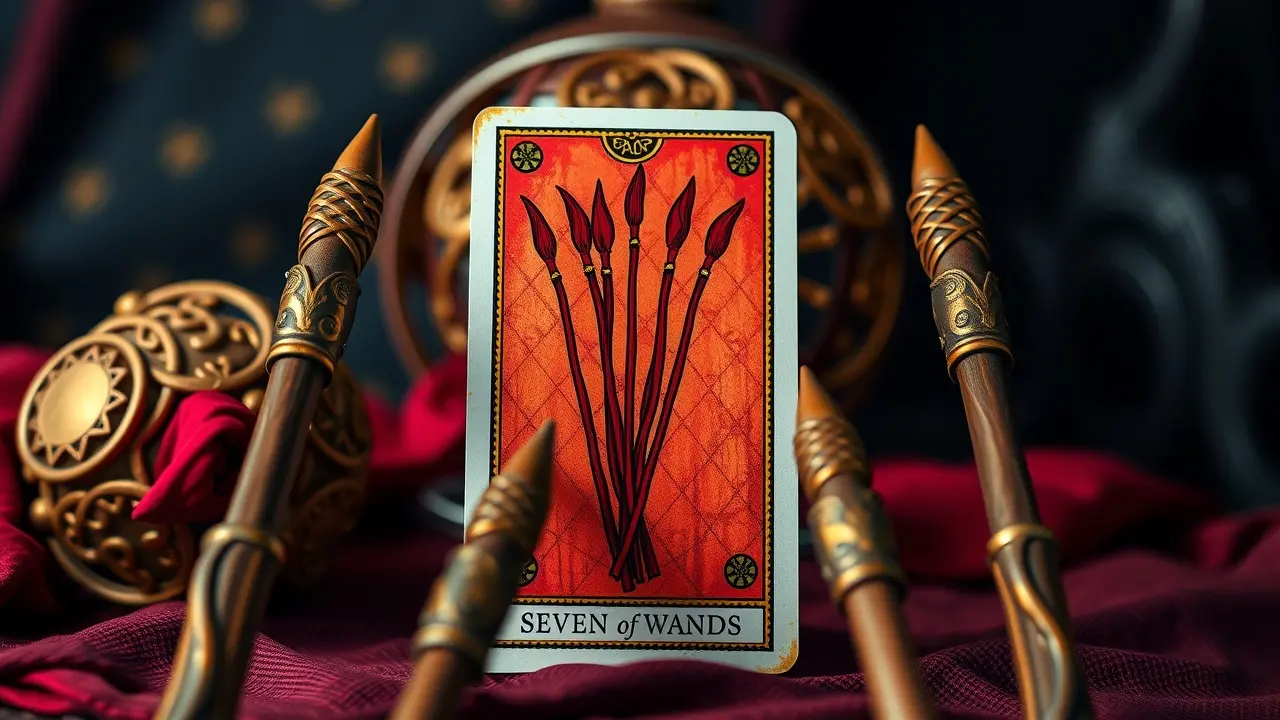 Carta Sete de Paus do baralho cigano representando desafios.
