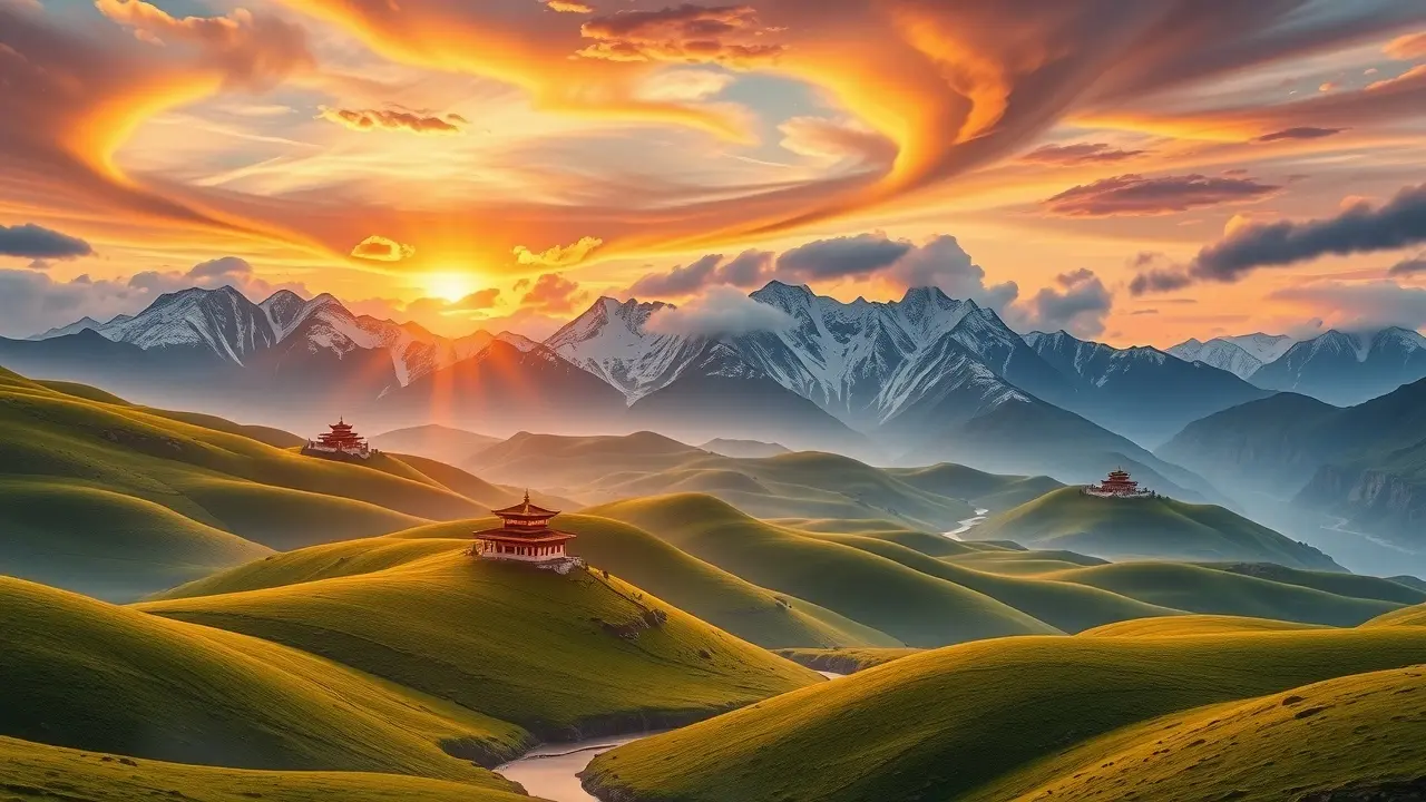 Sonhar com Shambhala: Desvende o Significado Espiritual e Oculto Paisagem mística de Shambhala com montanhas, templos dourados e céu vibrante.