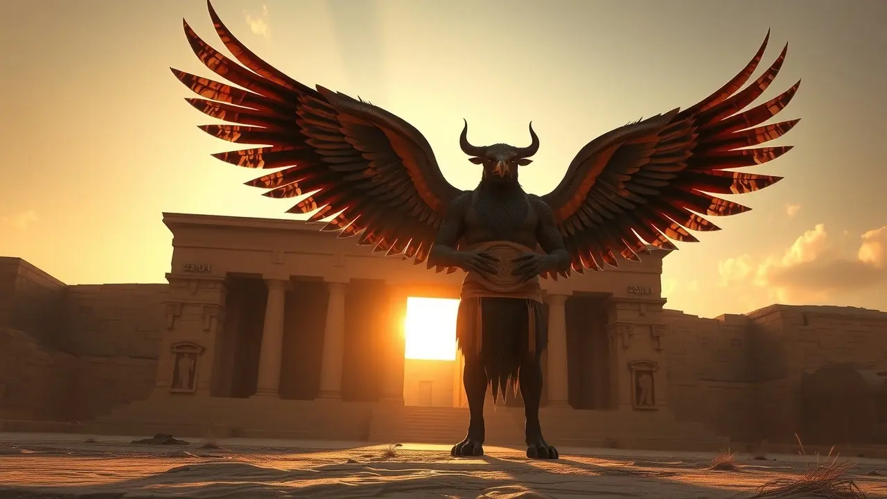 Shedu guardião em templo antigo.