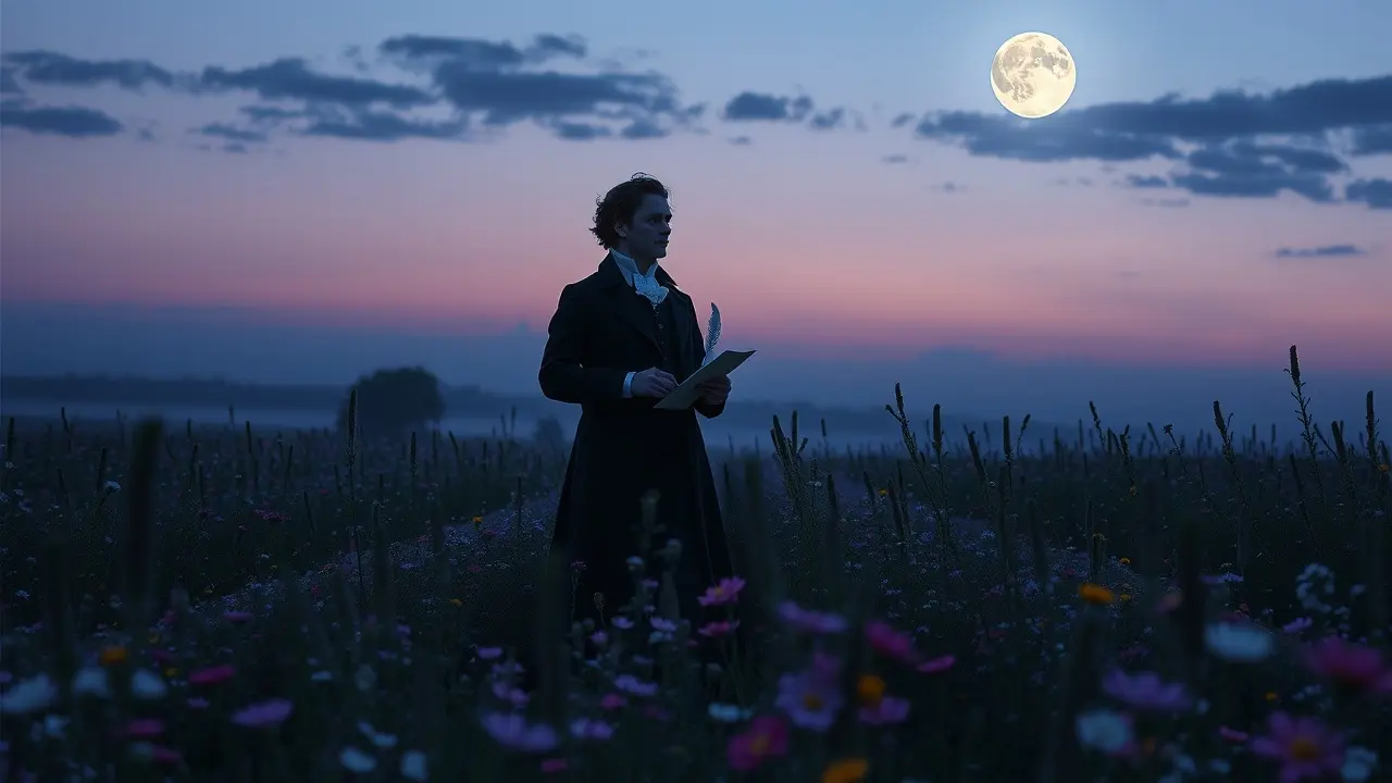 Homem em campo florido, noite, sonhar com Shelley
