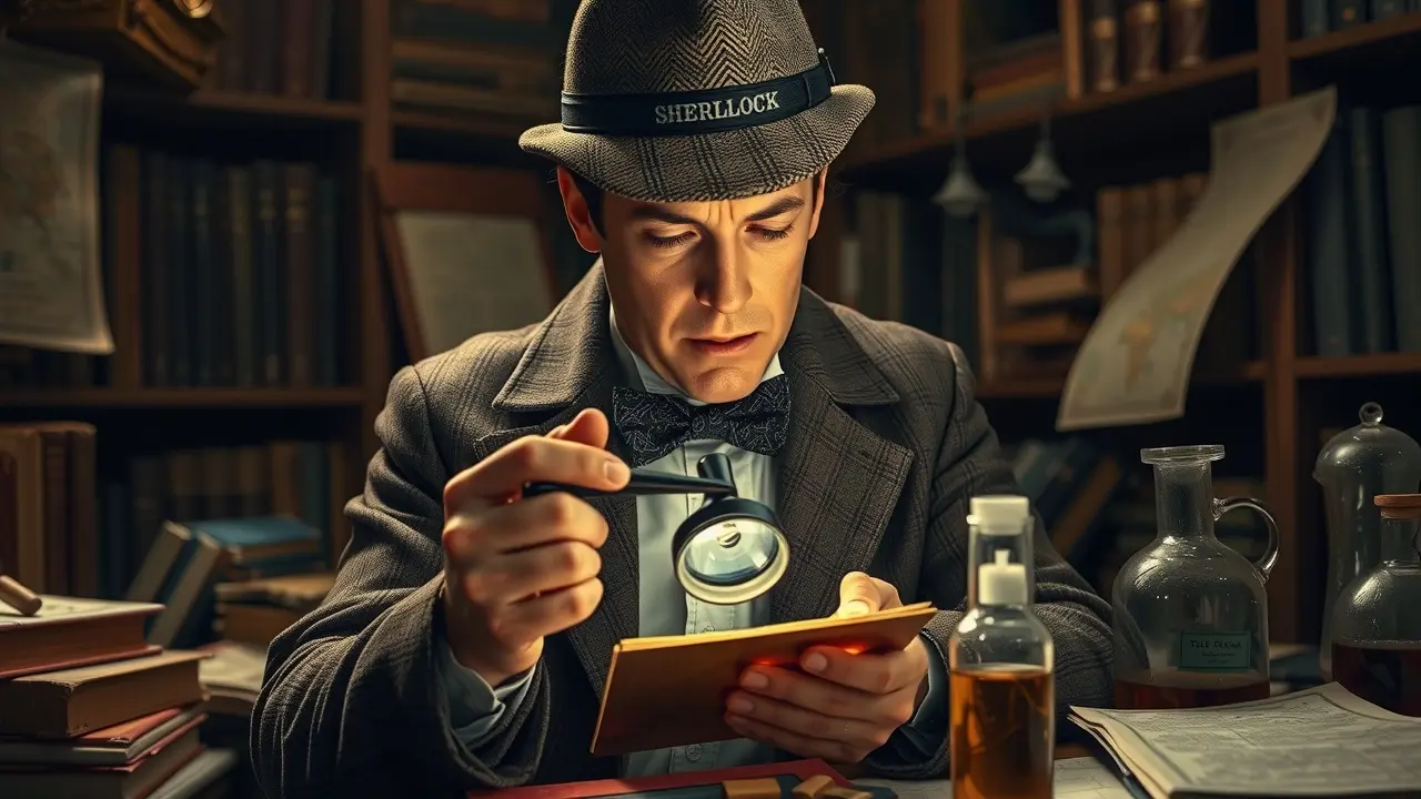 Sherlock Holmes em estudo com cachimbo e lupa.