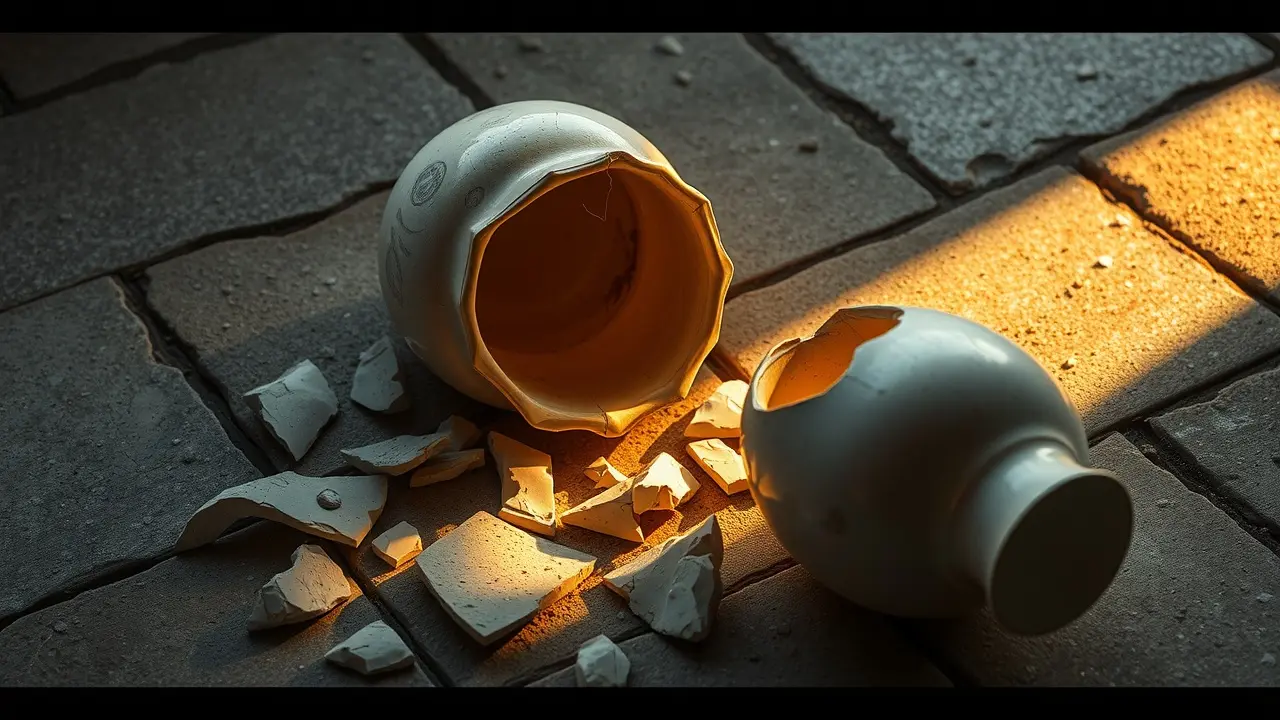 Sonhar com Shevirat Ha-Kelim: Desvendando o Significado Vaso de cerâmica quebrado com luz dourada