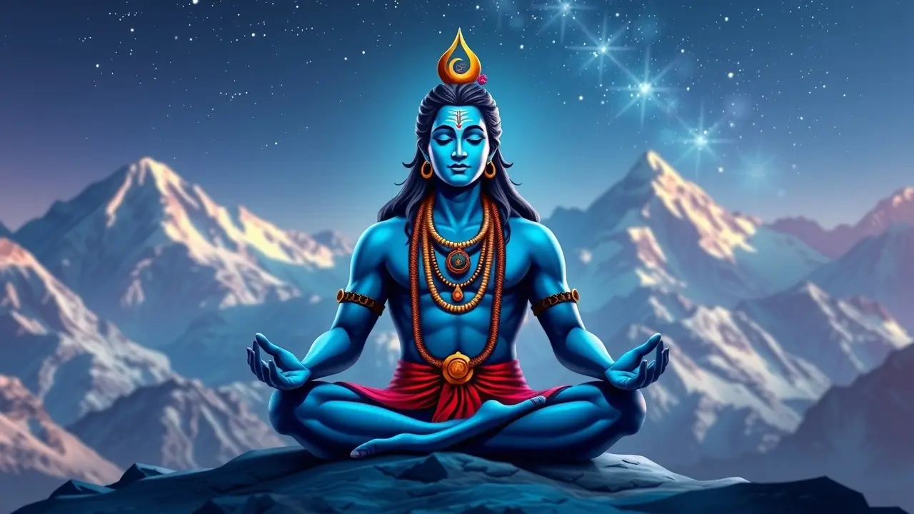 Shiva meditando nas montanhas