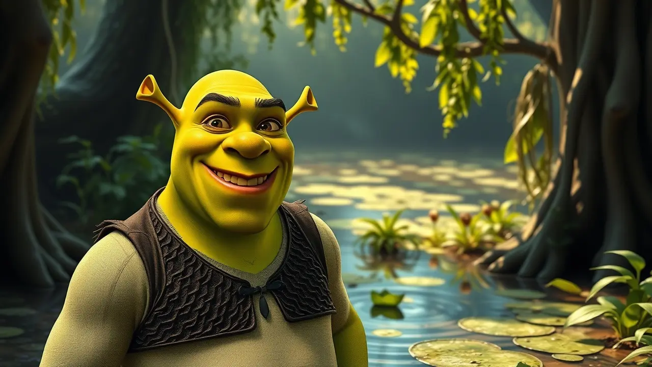Shrek sorrindo no pântano, um lar de aceitação.