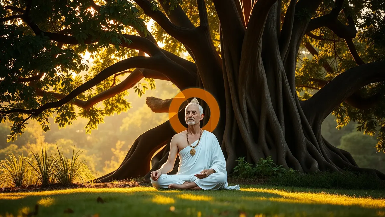 Sonhar com Siddha: Desvende os Mistérios e Significados Profundos Siddha meditando sob árvore com aura brilhante.
