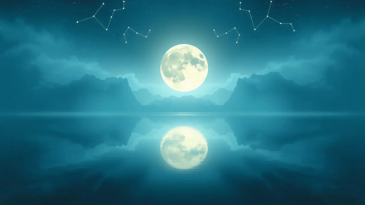 Lua cheia refletida em lago, signos lunares