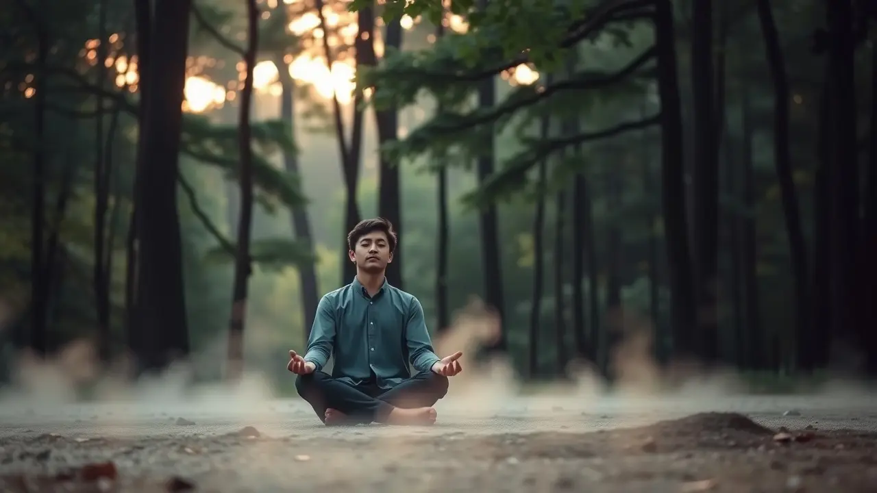 Pessoa meditando em floresta silenciosa ao amanhecer.