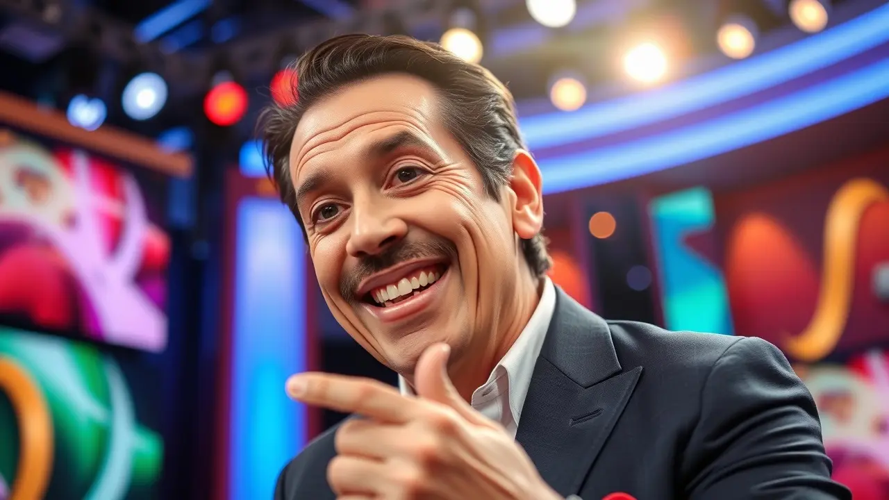 Silvio Santos sorrindo em um cenário de programa de TV